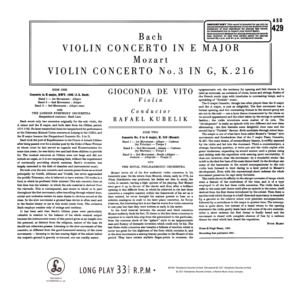 Gioconda De Vito 바흐 / 모차르트: 바이올린 협주곡 (Bach / Mozart: Violin Concertos) [LP] 