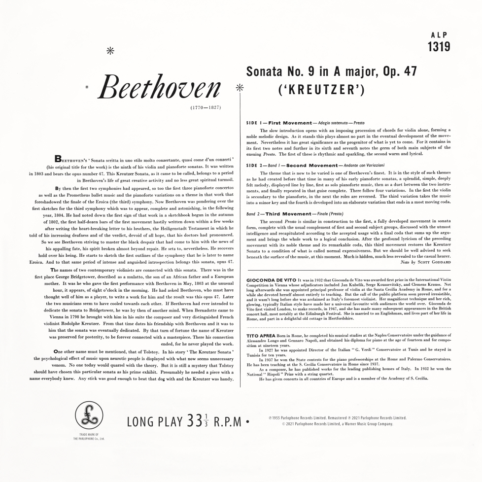 Gioconda De Vito 베토벤: 바이올린 소나타 9번 ‘크로이처’ (Beethoven: Violin Sonata Op.47 ‘Kreutzer’) [LP] 