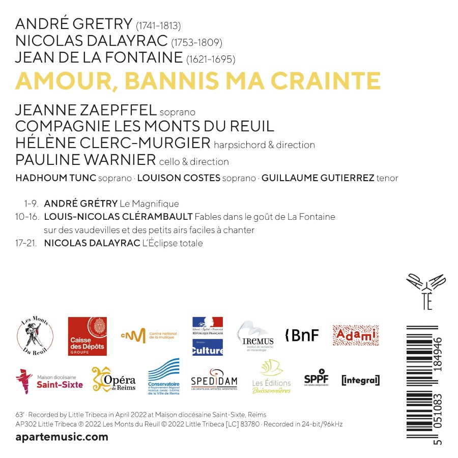 라 퐁텐 원작의 오페라 모음집 - 루이 니콜라 클레람보: 우화 / 니콜라 달레락: 개기일식 (Amour, Bannis Ma Crainte - Andre Modeste Gretry: Le Magnifique)