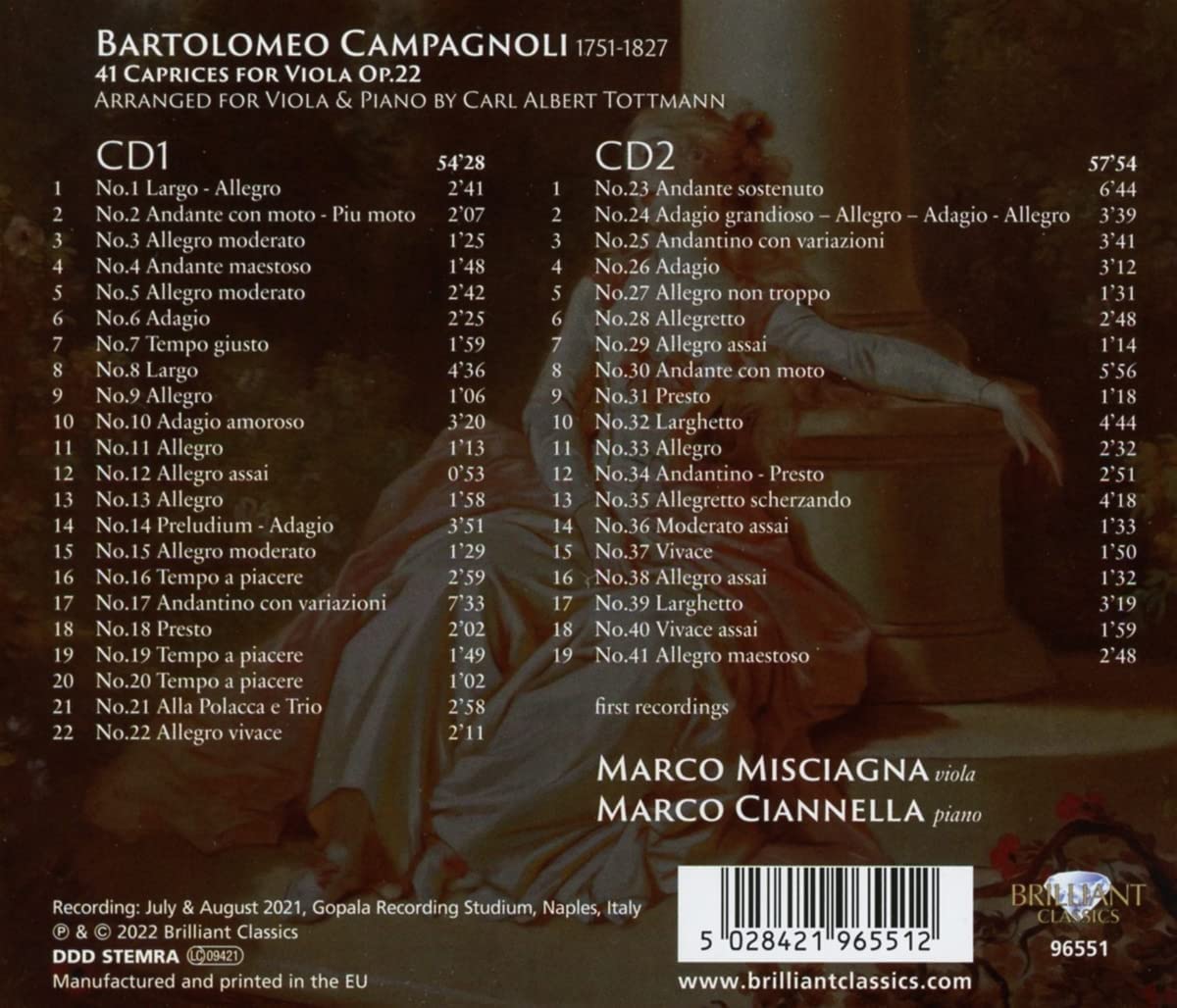 바르톨로메오 캄파뇰리: 비올라를 위한 41개의 카프리스 (Bartolomeo Campagnoli: 41 Caprices for Viola Op.22)