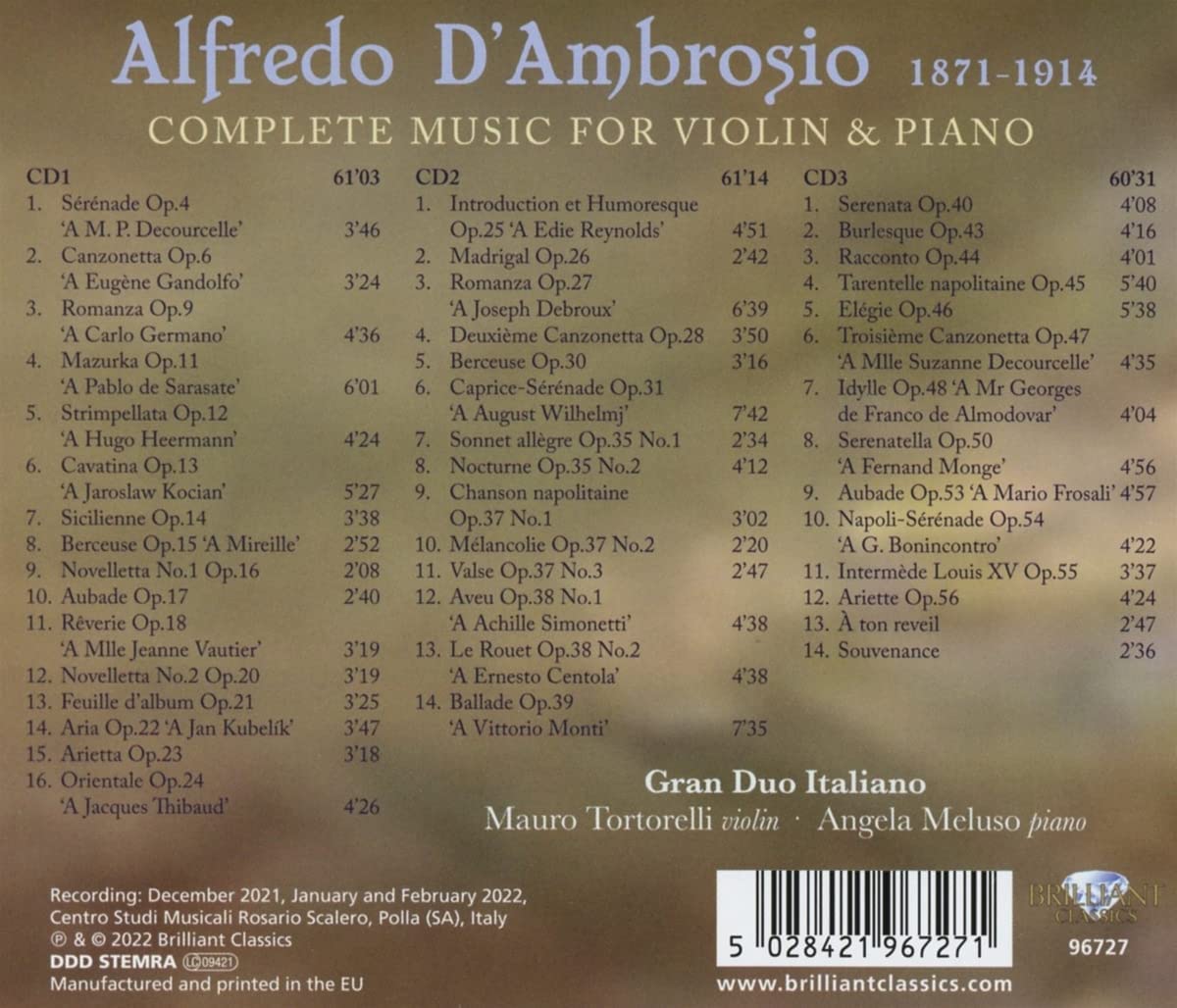 알프레도 담브로시오: 바이올린과 피아노를 위한 작품 전곡 (Alfredo D'Ambrosio: Complete Music for Violin & Piano)