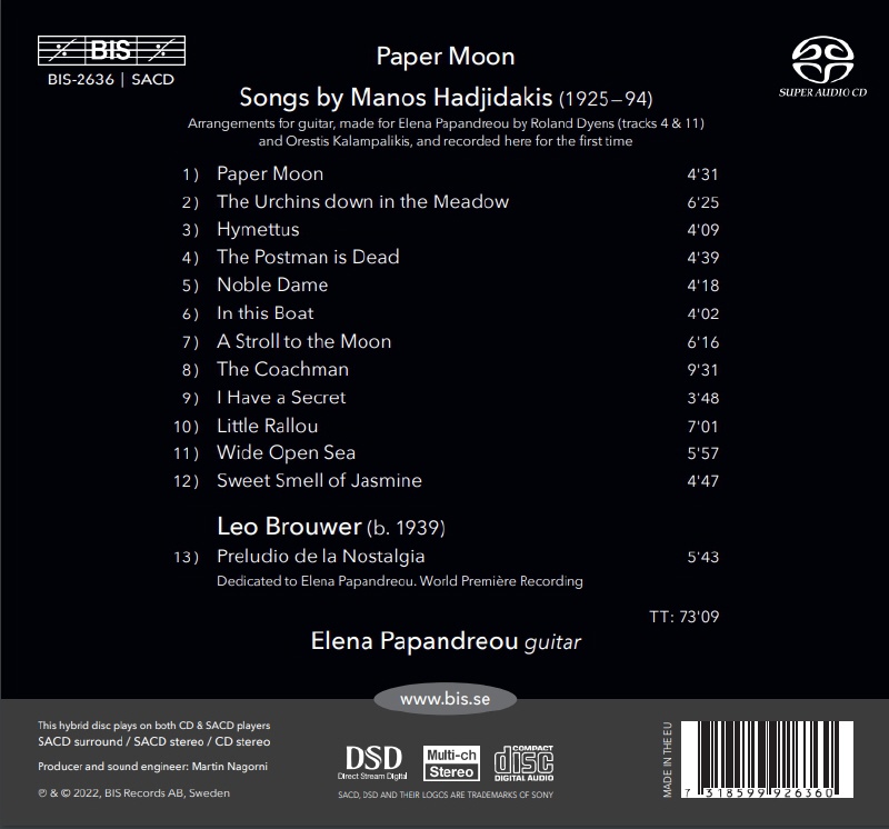 Elena Papandreou 마노스 하지다키스: 페이퍼 문 - 기타를 위한 가곡 편곡집 (Paper Moon - Songs By Manos Hadijdakis For Guitar)
