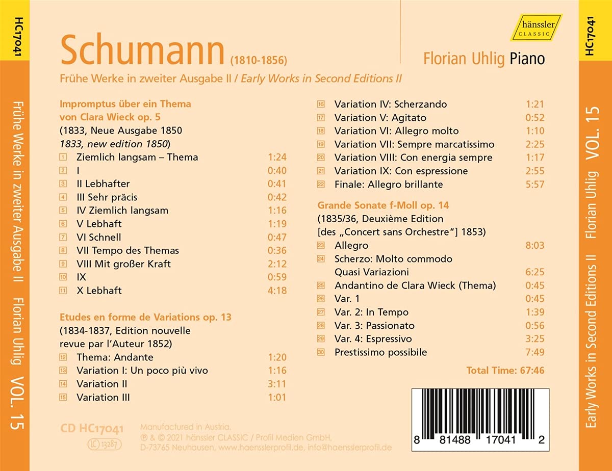 Florian Uhlig 슈만: 피아노 작품 전곡 15집 (Schumann: Vol.15 - Early Works in Second Editions)
