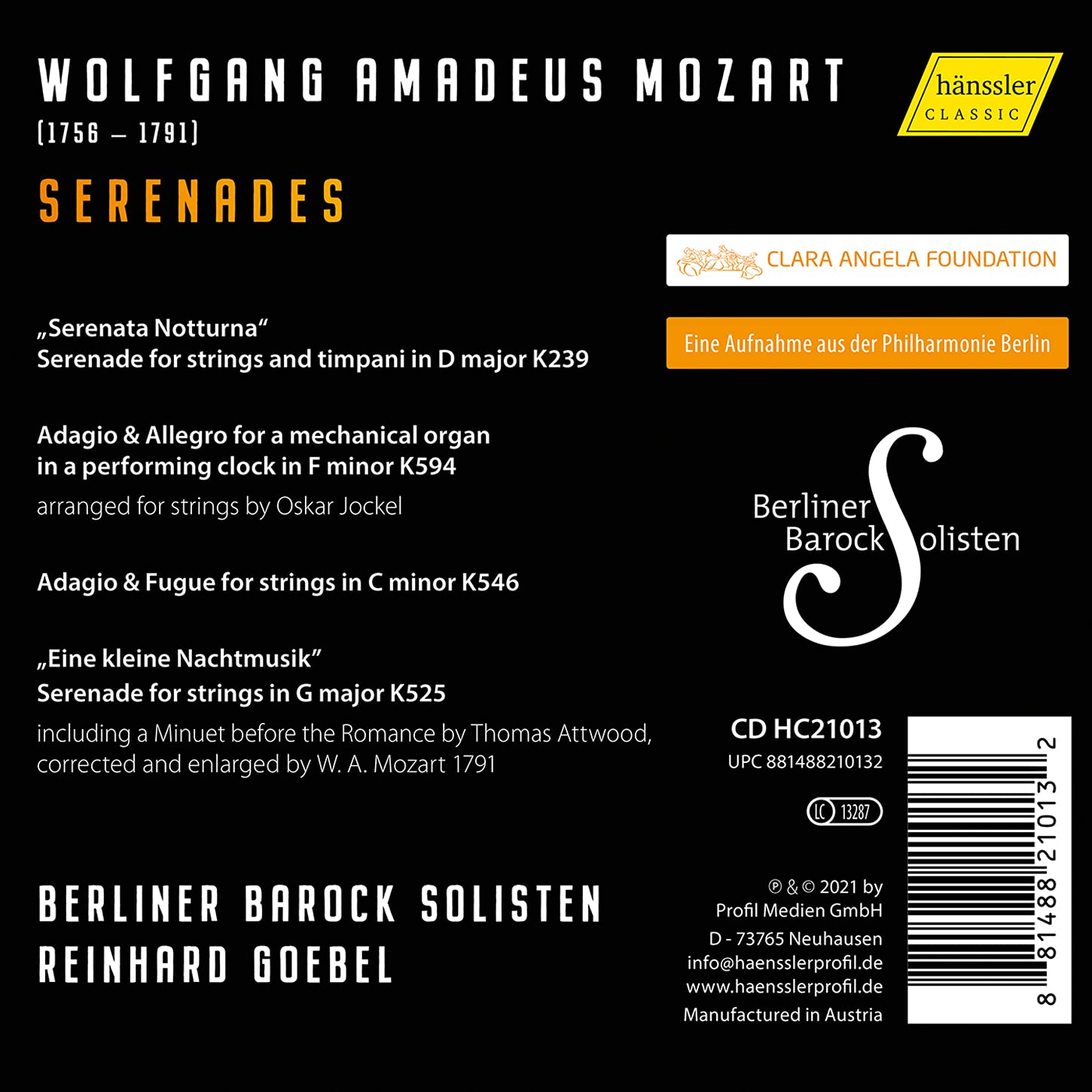 Reinhard Goebel 모차르트: '세레나데 노투르나' KV239, '아이네 클라이네 나흐트무지크' KV525, 아다지오와 알레그로 KV594 외 (Mozart Serenades)