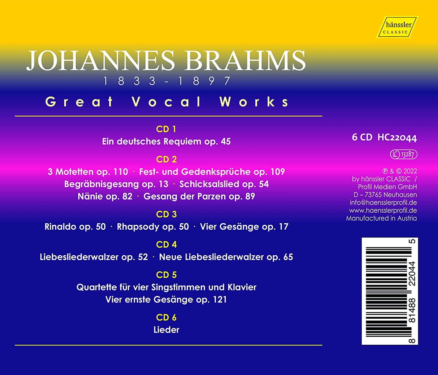 브람스 성악곡 에디션 - '독일 레퀴엠', '네 개의 엄숙한 노래', '사랑의 노래 왈츠', '내니' 외 (Brahms: Great Vocal Works)