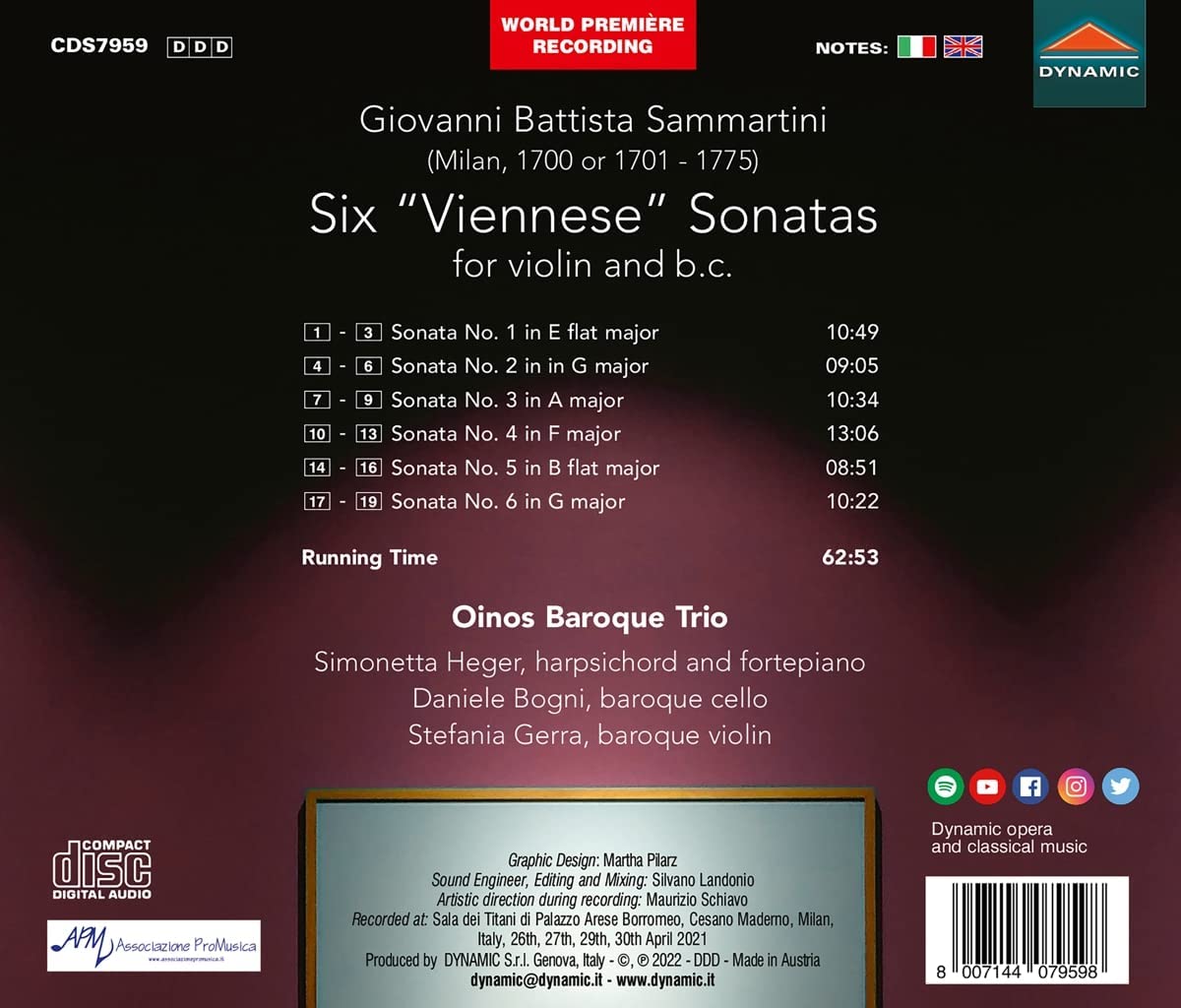 Oinos Baroque Trio 삼마르티니: 바이올린과 바소콘티누오를 위한 여섯 개의 빈 소나타 (Giovanni Battista Sammartini: Six Viennese Sonatas For Violin and B.c.)