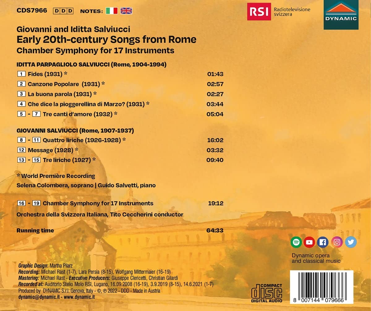Tito Ceccherini 조반니 & 이디타 살비우치: 노래와 실내교향곡 (Salviucci: Early 20Th-Century Songs From Rome)