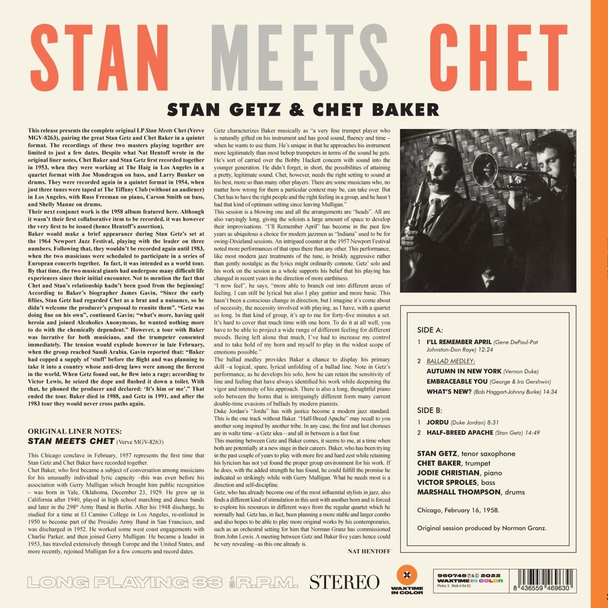 Stan Getz / Chet Baker (스탄 게츠 / 쳇 베이커) - Stan Meets Chet [오렌지 컬러 LP]