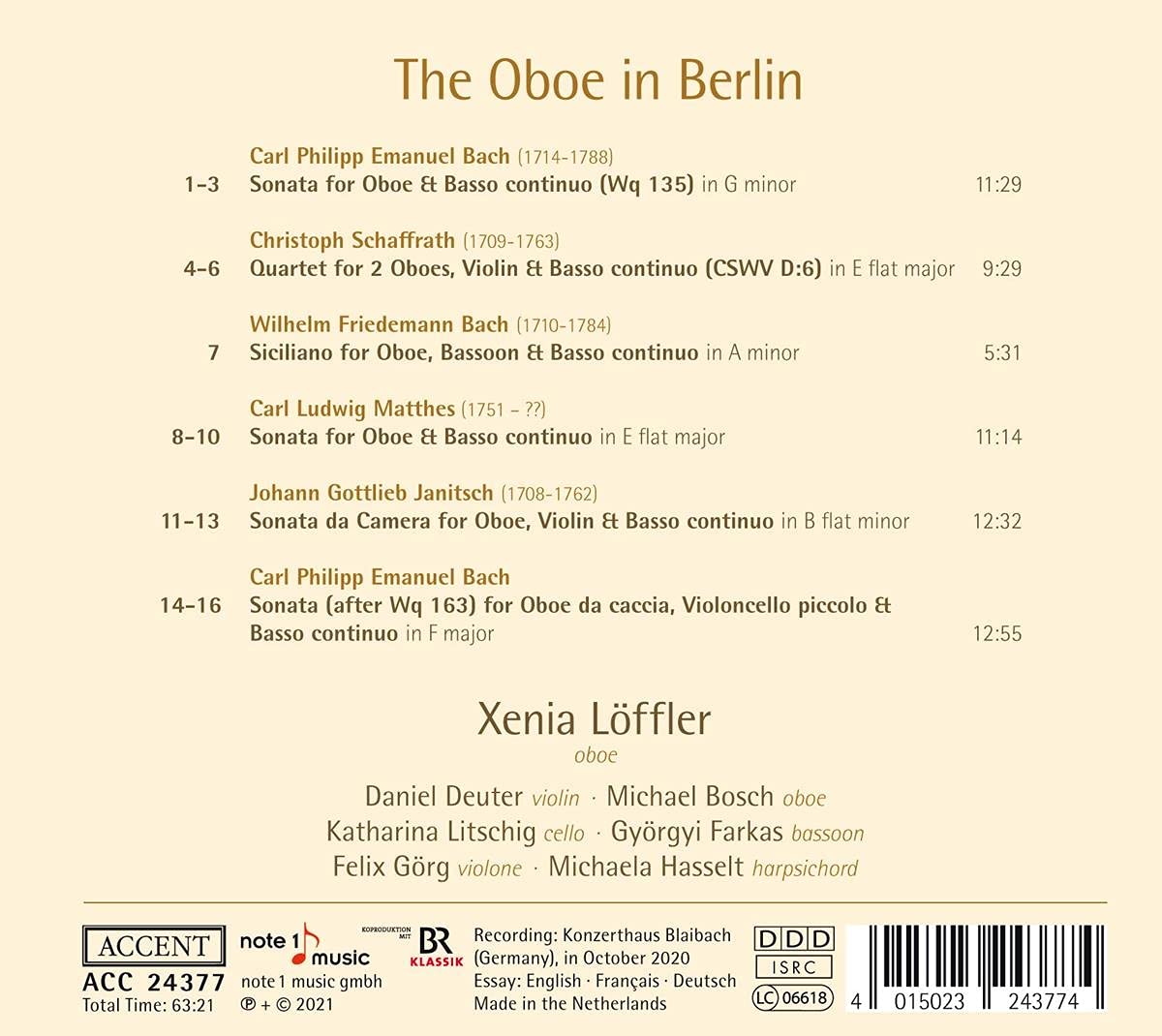 Xenia Loffler 베를린의 오보에 - C.P.E.바흐, 샤프라트, W.F.바흐, 야니취의 소나타와 사중주 (The Oboe in Berlin - C.P.E.Bach, Schaffrath, W.F.Bach, Matthes, Janitsch)