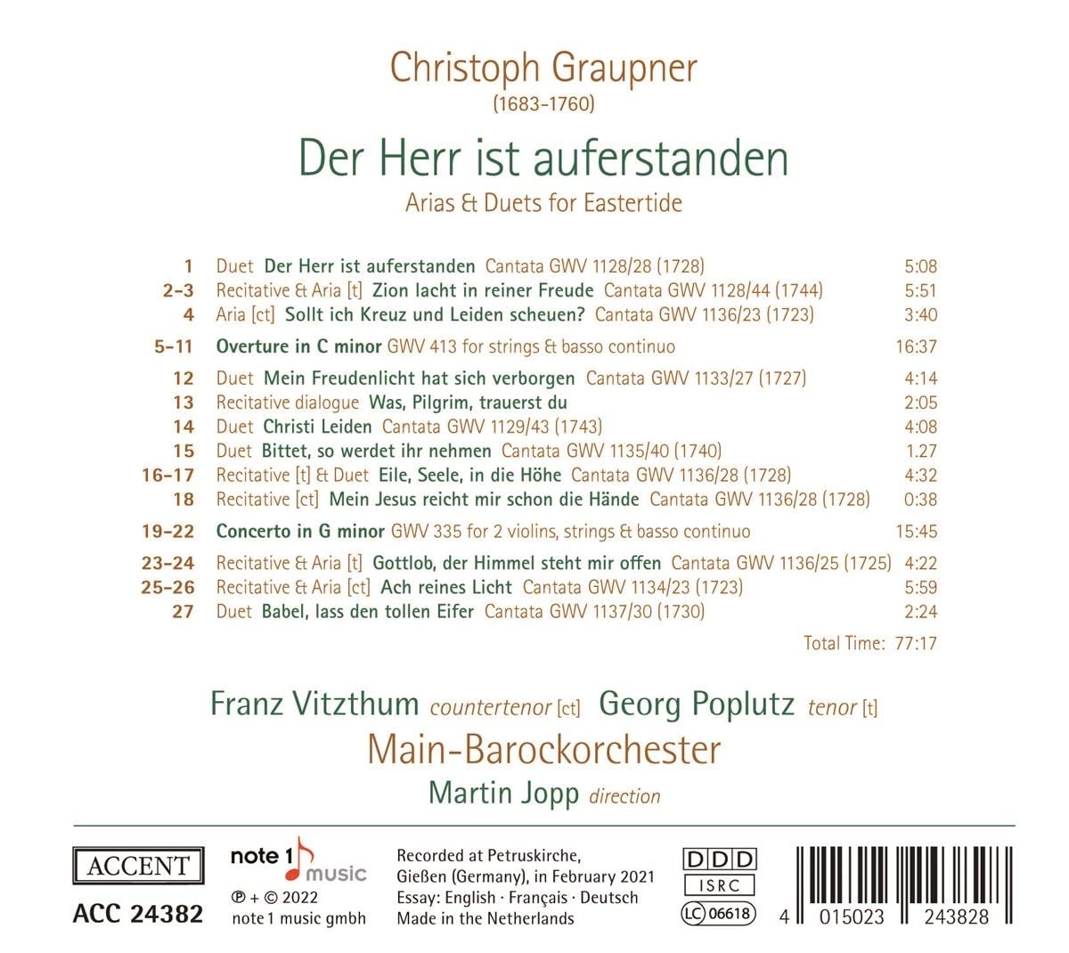 Franz Vitzthum / Georg Poplutz 그라우프너: 칸타타 아리아와 이중창, 협주곡 (Graupner: Der Herr is Auferstanden)