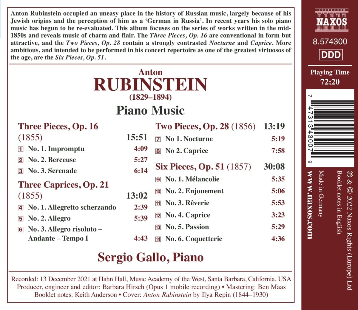 Sergio Gallo 안톤 루빈슈타인: 피아노 작품집 (Anton Rubinstein: Piano Music - Three Caprices, Op. 21; Six Pieces, Op. 51)