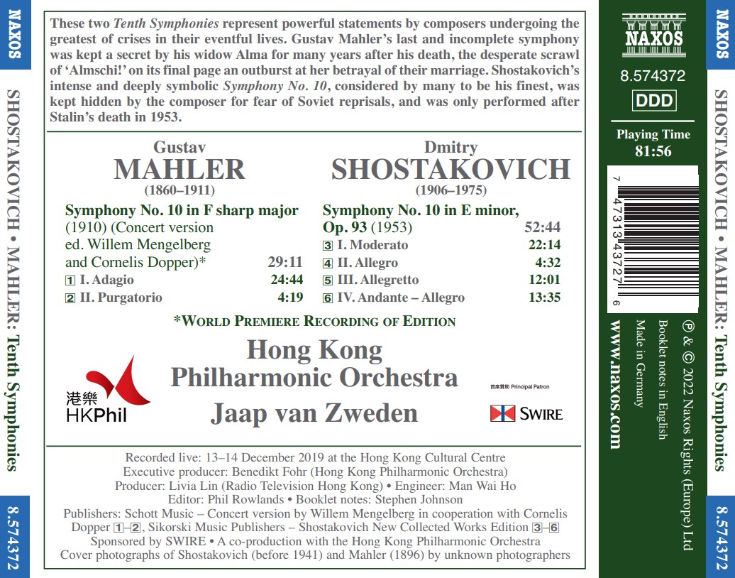 Jaap van Zweden 쇼스타코비치: 교향곡 10번 / 말러: 교향곡 10번 (Shostakovich / Mahler: Symphony No. 10)