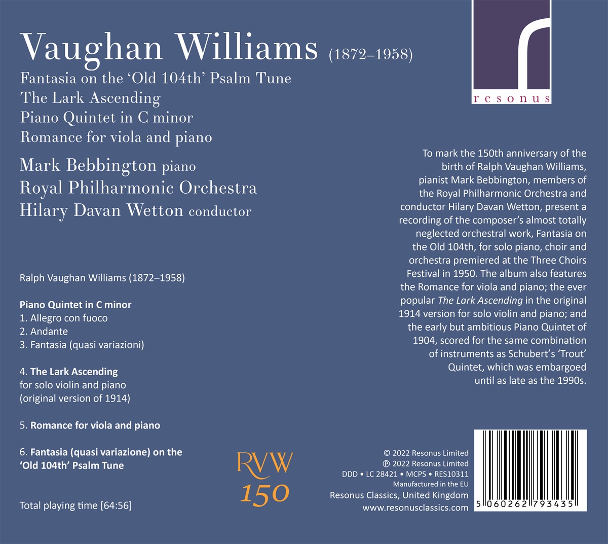 Hilary Davan Wetton 본 윌리엄스: 옛 시편 104편 노래에 의한 환상곡, 피아노 오중주, 종달새가 날아오르다 외 (Vaughan Williams: Fantasia on the Old 104th, The Lark Ascending)