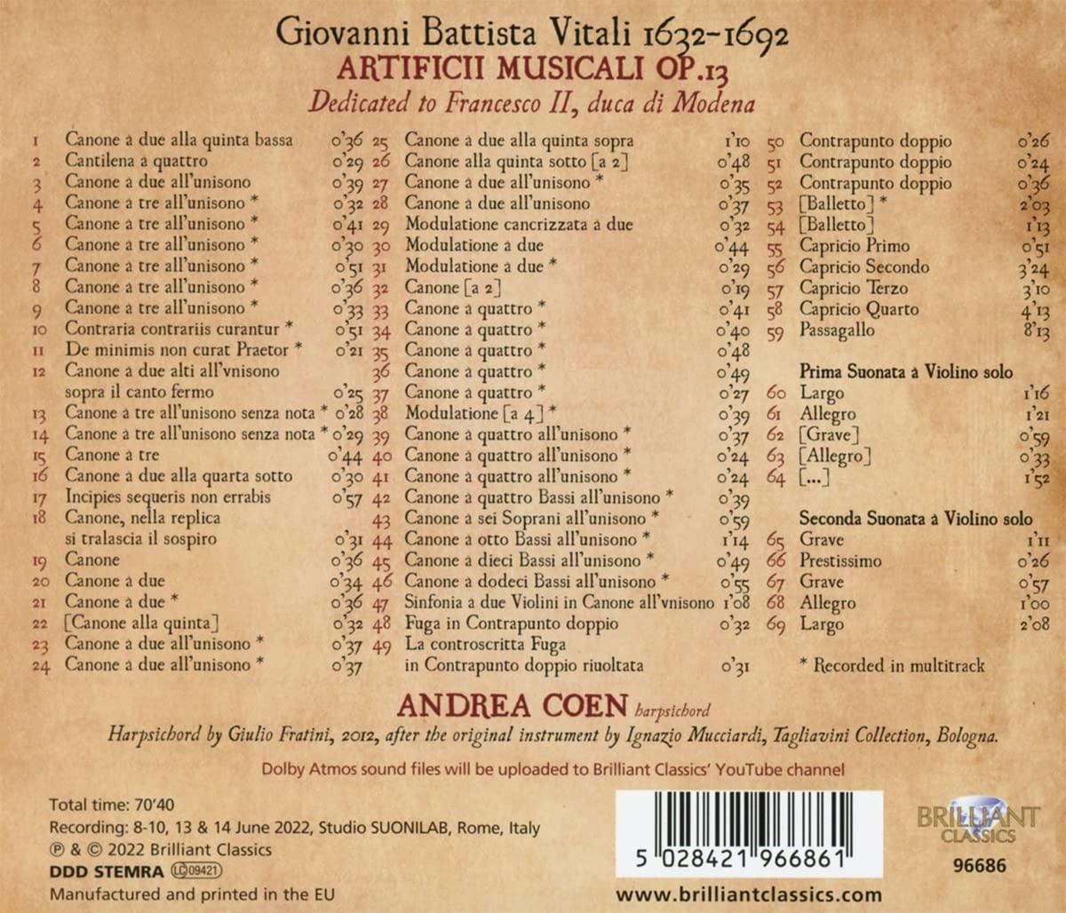 Andrea Coen 비탈리: 음악의 기술 (Vitali: Artificii Musicali Op.13)
