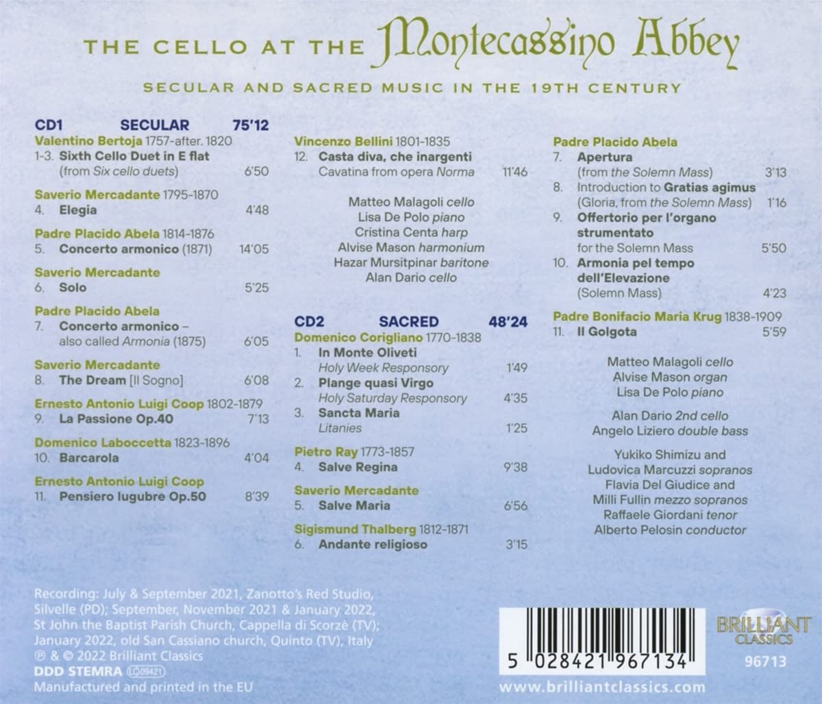 Matteo Malagoli 19세기의 진귀한 첼로 작품 모음집 - ‘몬테카시노 수도원의 첼로’ (The Cello at the Montecassino Abbey)