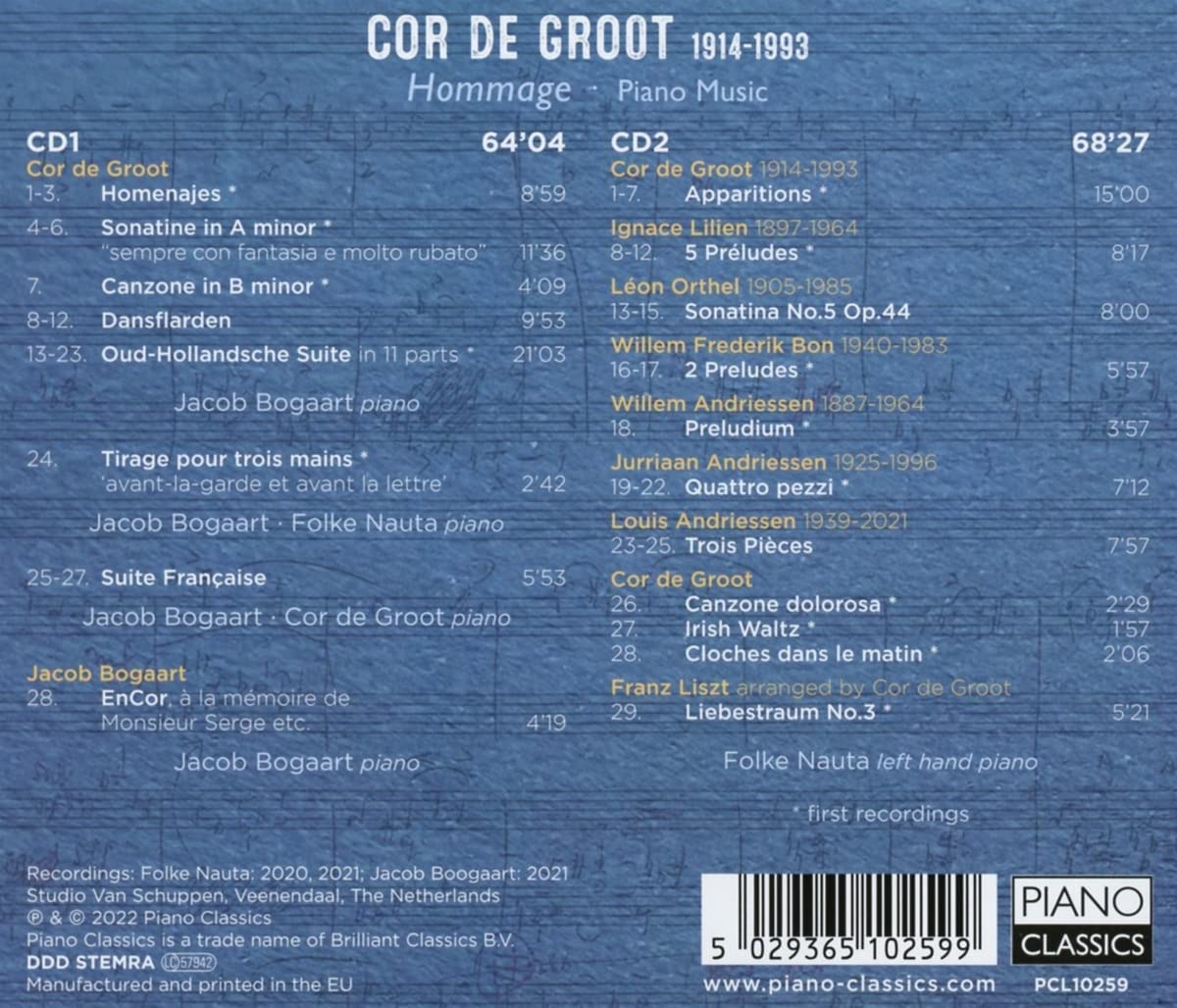 Jacob Bogaart / Folke Nauta 데 그로트 외: 피아노 작품 (Cor De Groot - Hommage, Piano Music)