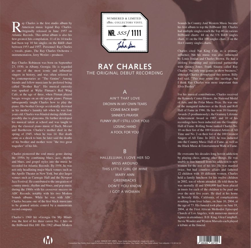 Ray Charles (레이 찰스) - The Original Debut Recording [화이트 컬러 LP]