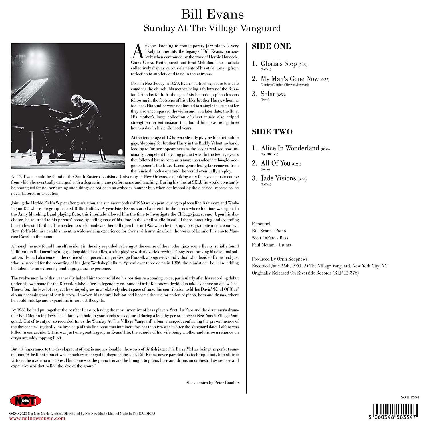 Bill Evans (빌 에반스) - Sunday At The Village Vanguard [화이트 컬러 LP]