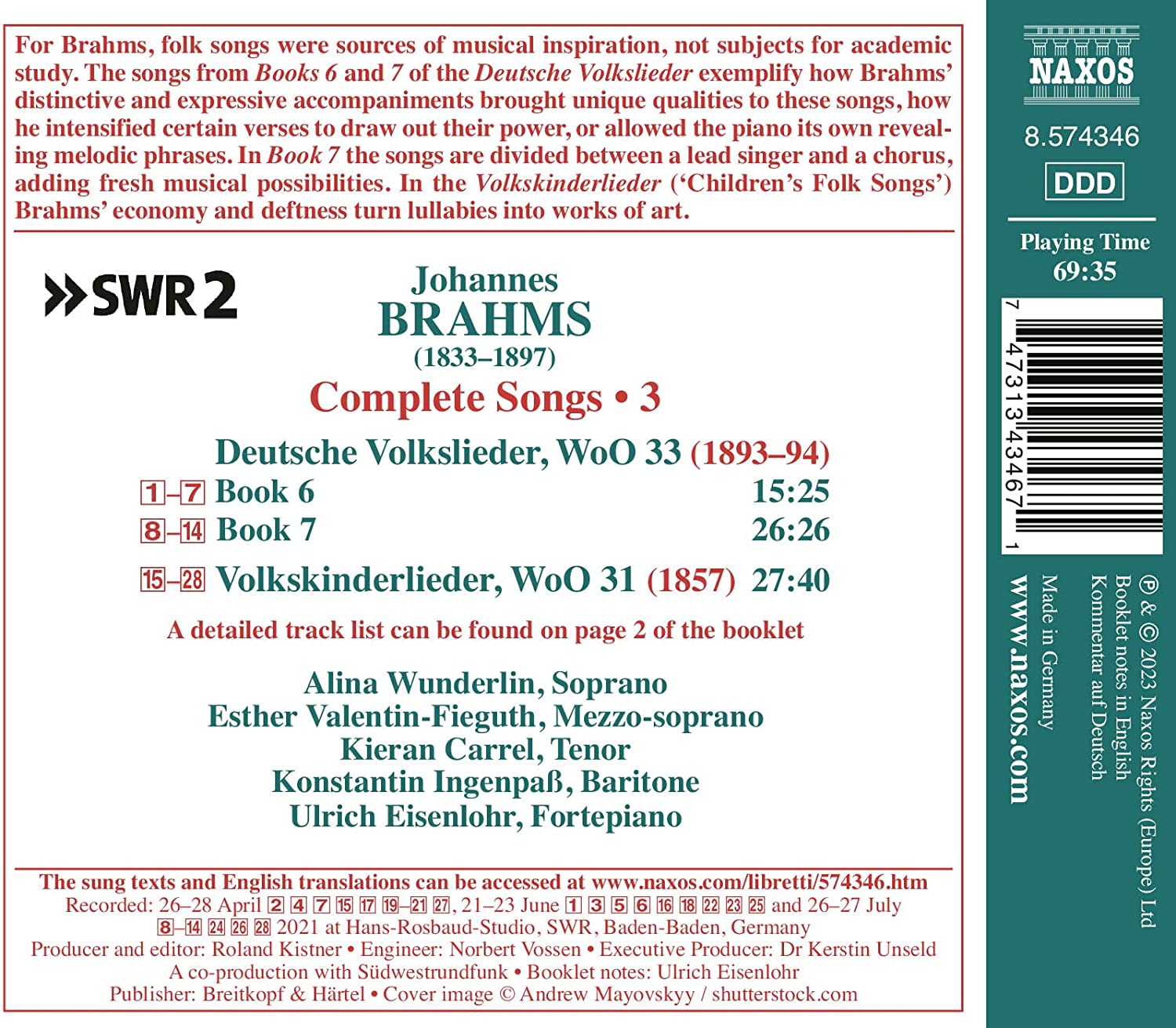 브람스 가곡 모음집 3집 (Brahms: Complete Songs, Vol. 3)