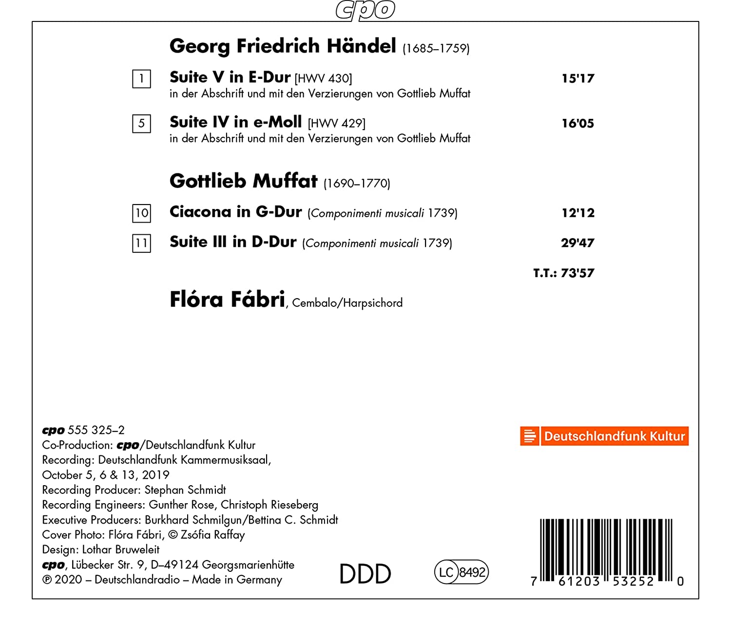 Flora Fabri 헨델: 건반 모음곡 E장조 HWV 430, E단조 HWV 429 [무파트 장식음 판본] / 무파트: 모음곡 3번, 차코나 (Gottlieb Muffat meets Handel)