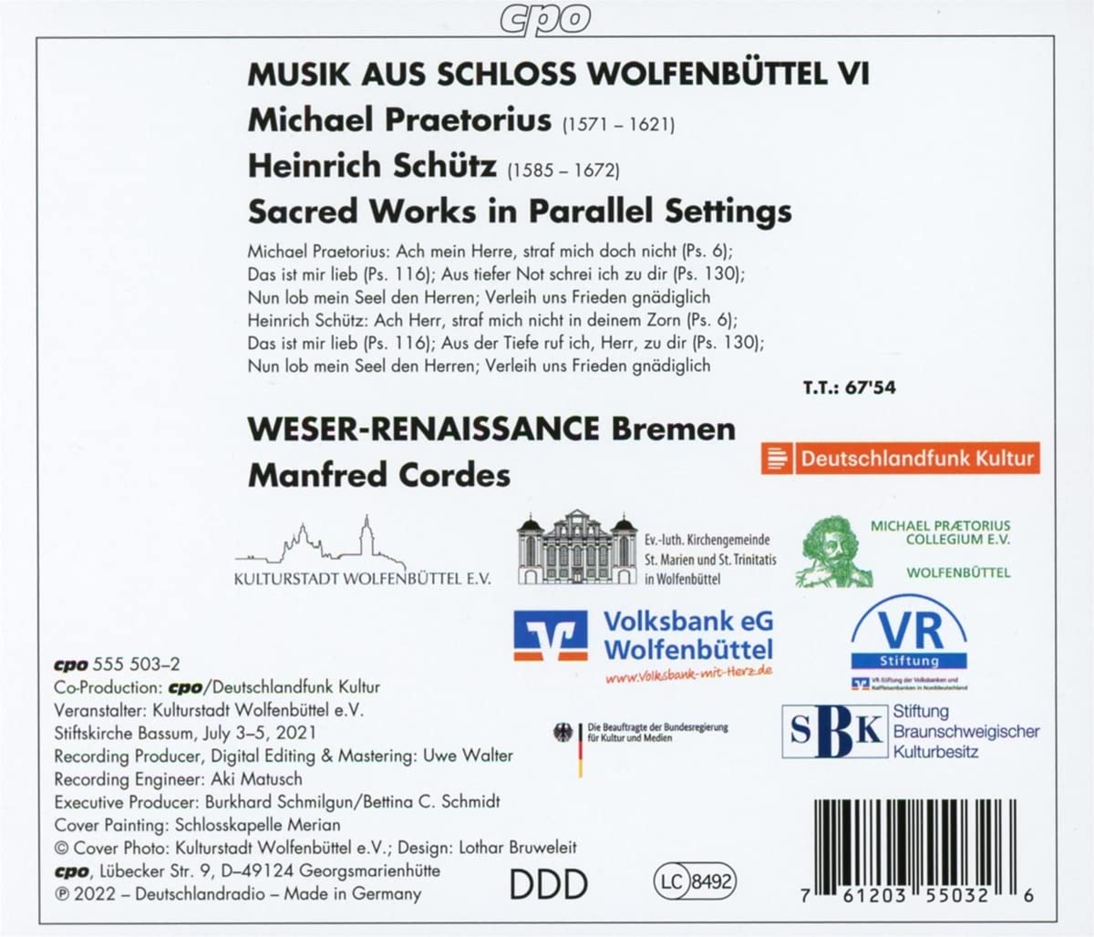 Manfred Cordes 프레토리우스 / 쉬츠: 같은 가사에 붙인 교회 음악 작품들 (Musik aus Schloss Wolfenbuttel Vol.6)