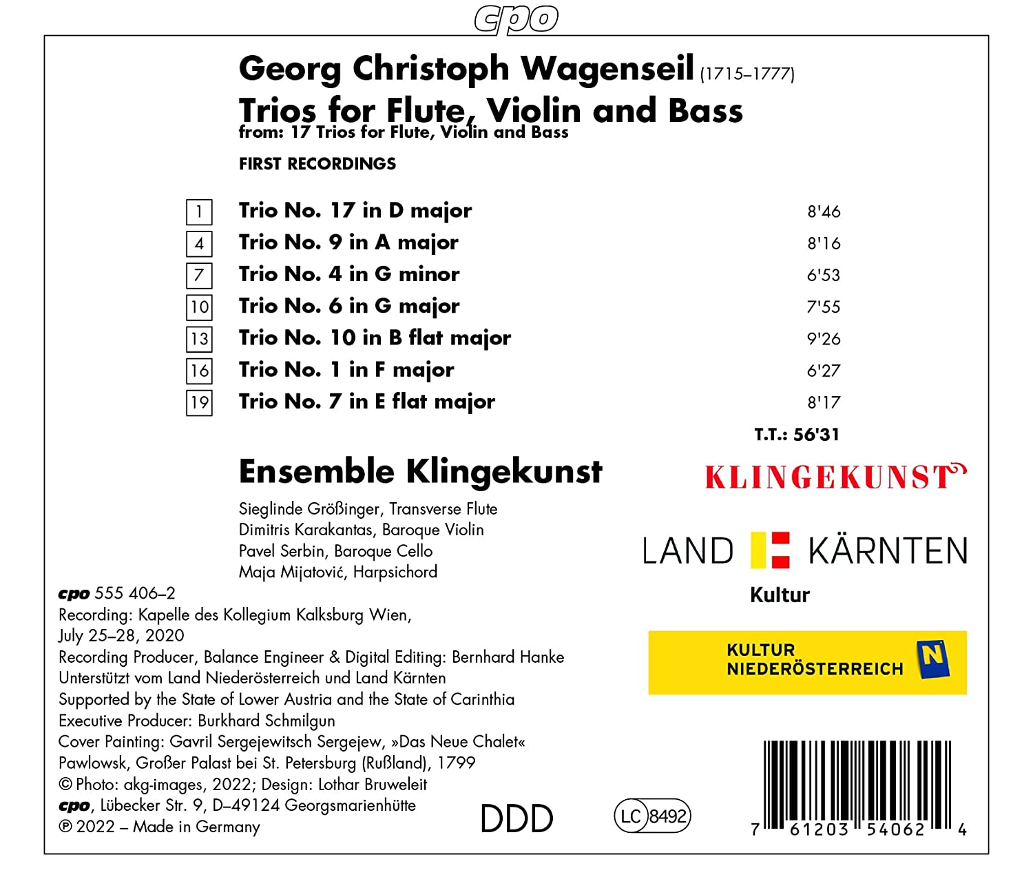 Ensemble Klingekunst 바겐자일: 플루트, 바이올린과 베이스를 위한 일곱 곡의 트리오 (Wagenseil: Trio for Flute, Violin and Bass)