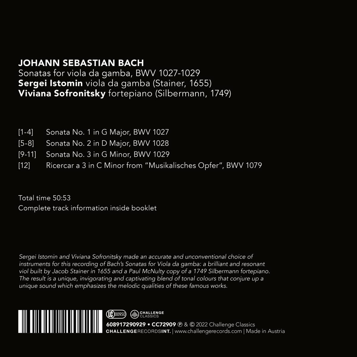 Sergei Istomin / Viviana Sofronitsky 바흐: 비올라 다 감바 소나타 1-3번, '음악의 헌정' 중 3성부 리체르카르 (Bach: Sonatas for Viola da Gamba, BWV 1027-1029)