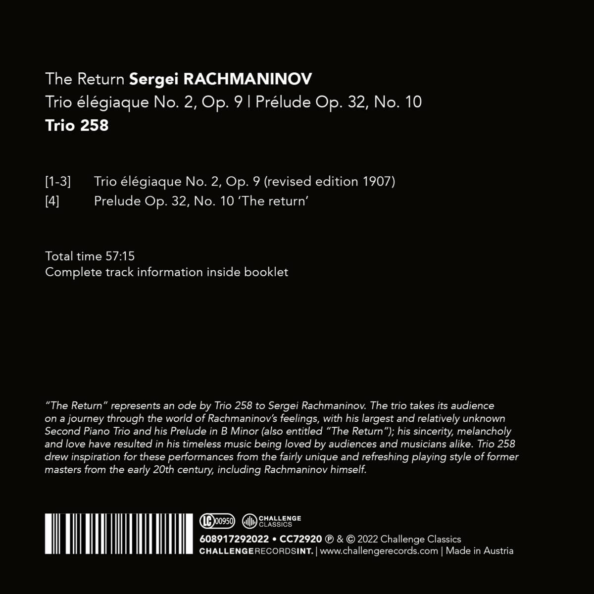 Trio 258 라흐마니노프: 피아노 트리오 2번, 프렐류드 (The Return - Rachmaninov: Trio Elegiaque No.2, Op.9; Prelude Op.32, No.10)