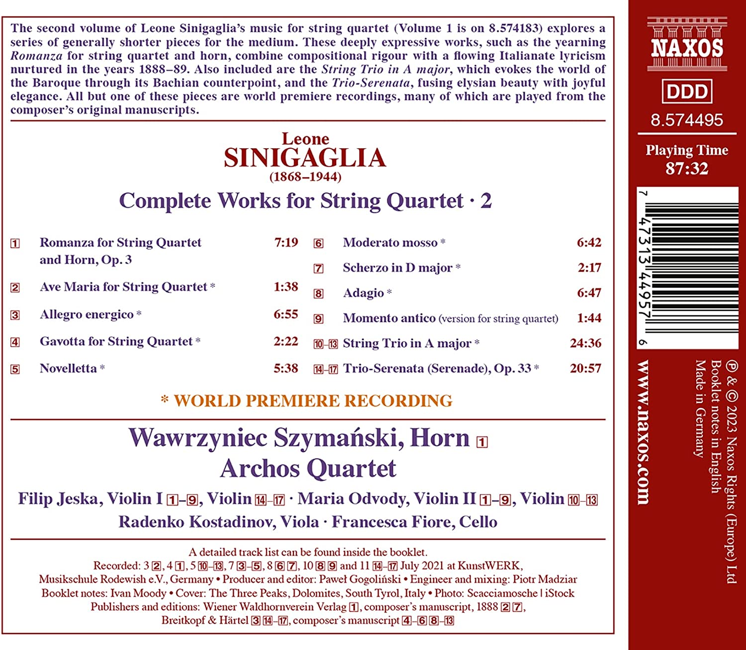 Archos Quartet 레온 시니갈리아: 현악사중주 전곡 2집 (Leone Sinigaglia: Complete Works For String Quartet, Vol. 2)