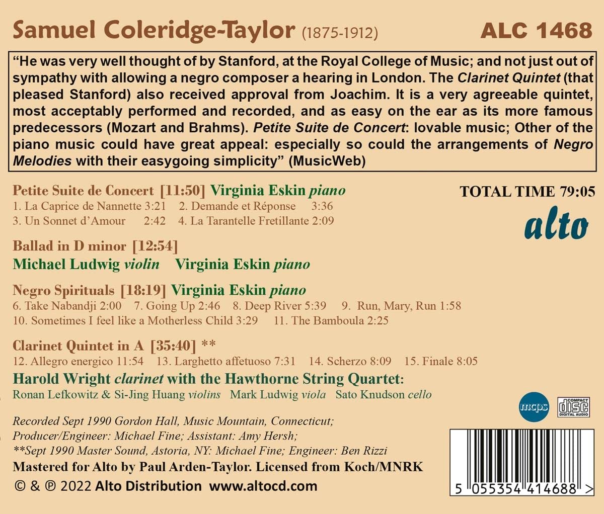 Harold Wright 사무엘 콜리지-테일러: 클라리넷 오중주 외 ( Coleridge-Taylor: Clarinet Quintet, Suite de Concert, Ballad, Spiritual for Piano)