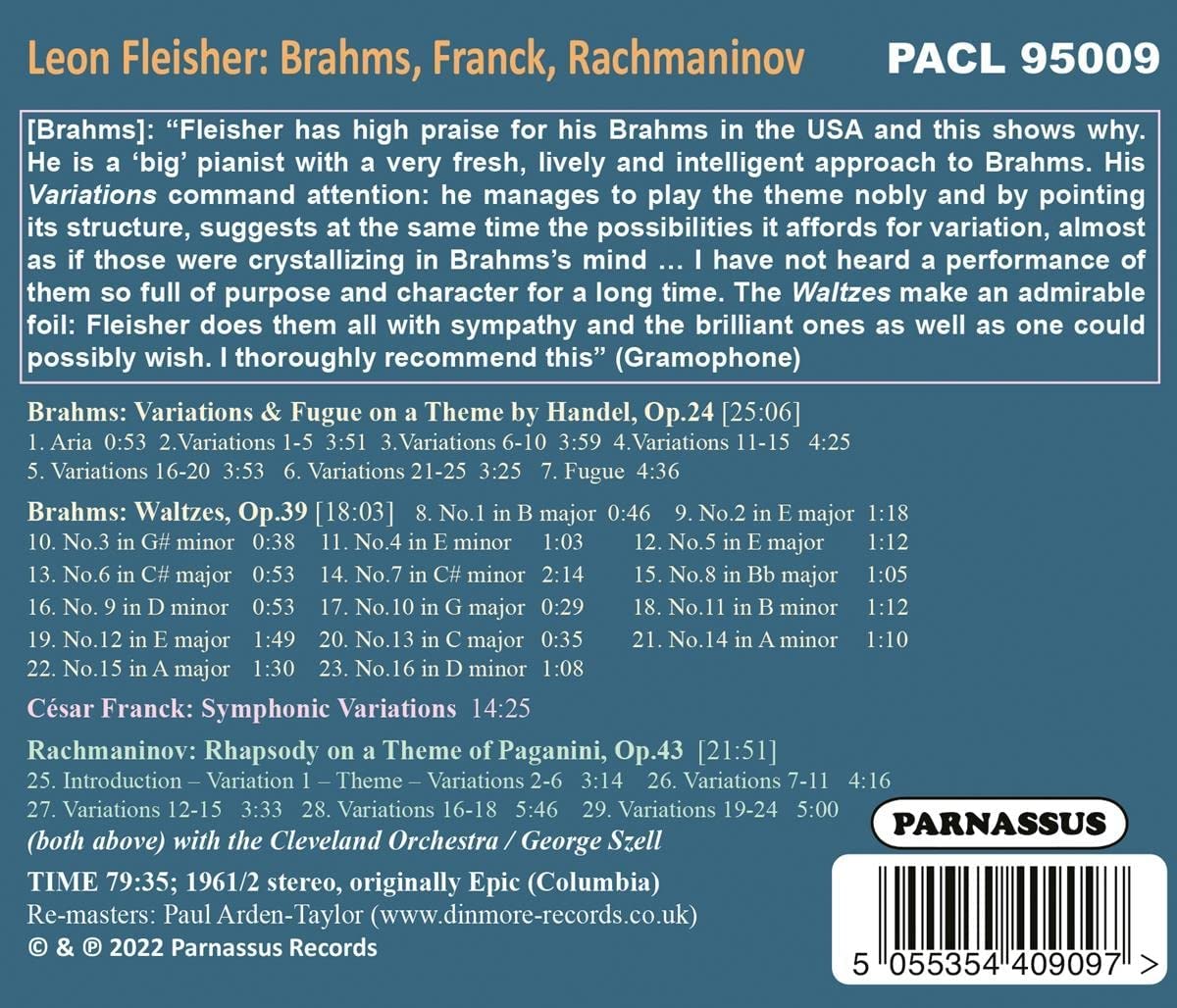 Leon Fleisher 브람스: 왈츠, 변주곡과 푸가 / 프랑크: 교향적 변주곡 / 라흐마니노프: 파가니니 랩소디 (plays Brahms, Franck, Rachmaninov)