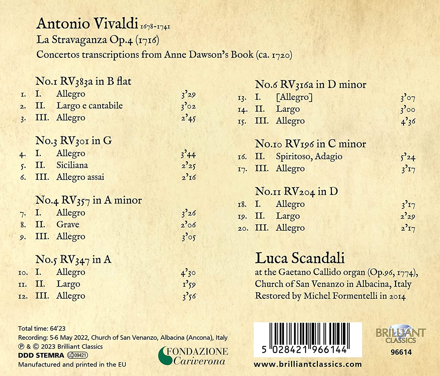 Luca Scandali 비발디: 라 스트라바간차 [오르간 편곡] (Vivaldi: La Stravaganza Op. 4, Transcriptions for Organ)
