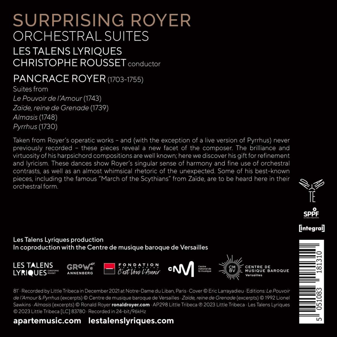 Christophe Rousset 팡크라스 로이예: 관현악 작품집 (Pancrace Royer: Orchestral Suites)