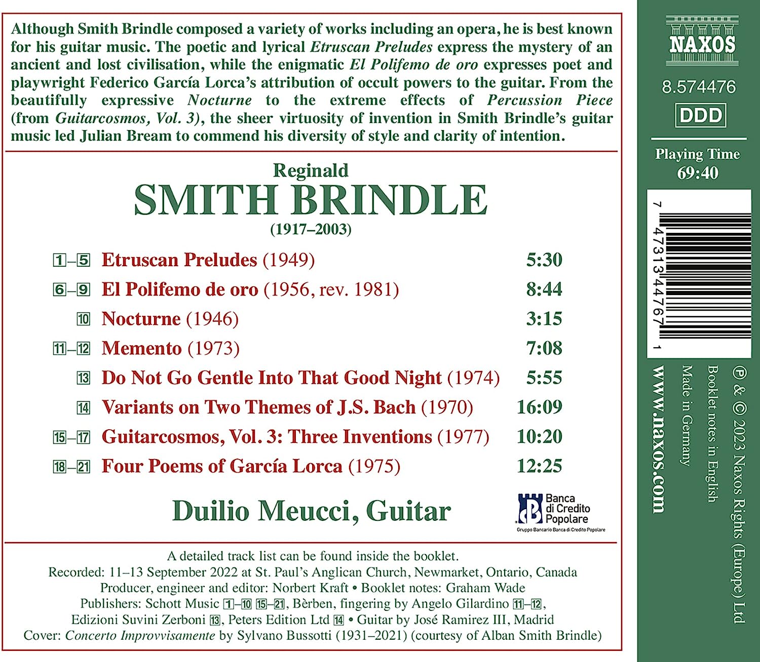 Duilio Meucci 스미스 브린들: 기타 작품 1집 (Smith Brindle: Guitar Music, Vol. 1) 