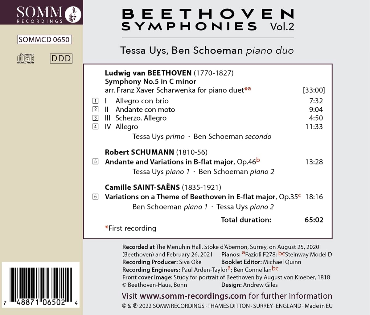 베토벤: 교향곡 5번 '운명' [피아노 2중주 연주반] (Beethoven: Symphonies, Arranged for Piano Duo, Vol. 2)