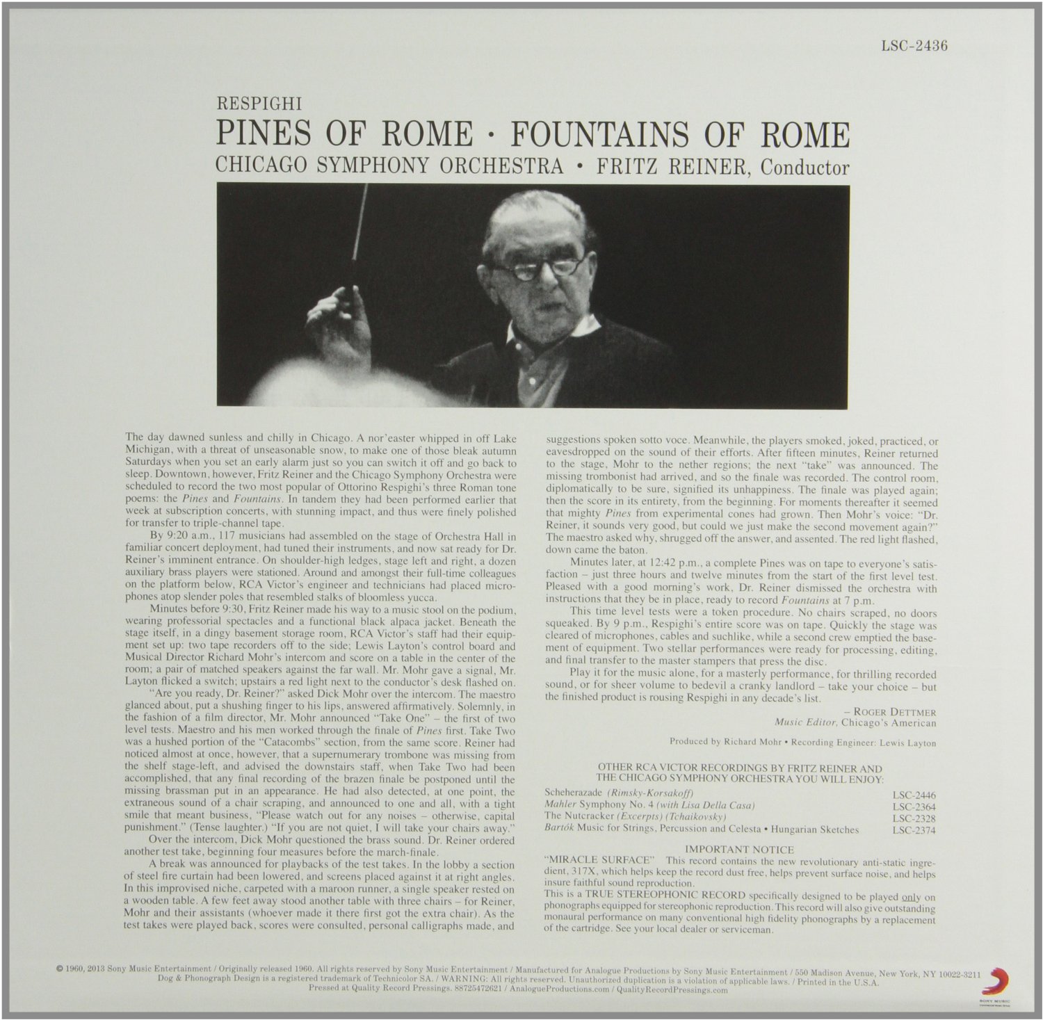 Fritz Reiner 레스피기: 로마의 분수, 로마의 소나무 (Respighi: Pines of Rome, Fountains of Rome) [LP]