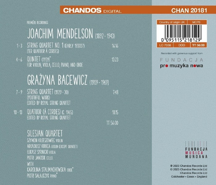 Silesian String Quartet 요아힘 멘델슨 & 그라지나 바체비치: 실내악 작품집 (Joachim Mendelson & Grazyna Bacewicz: Chamber Works)