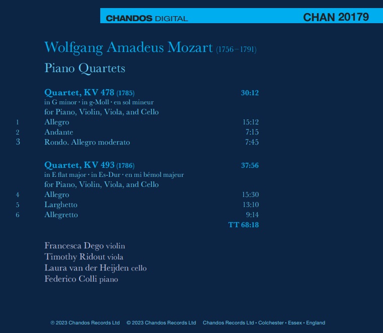 Francesco Dego / Timothy Ridout / Laura van der Heijden / Federico Colli 모차르트: 피아노 4중주 1번 & 2번 (Mozart: Piano Quartet Nos.1 & 2)