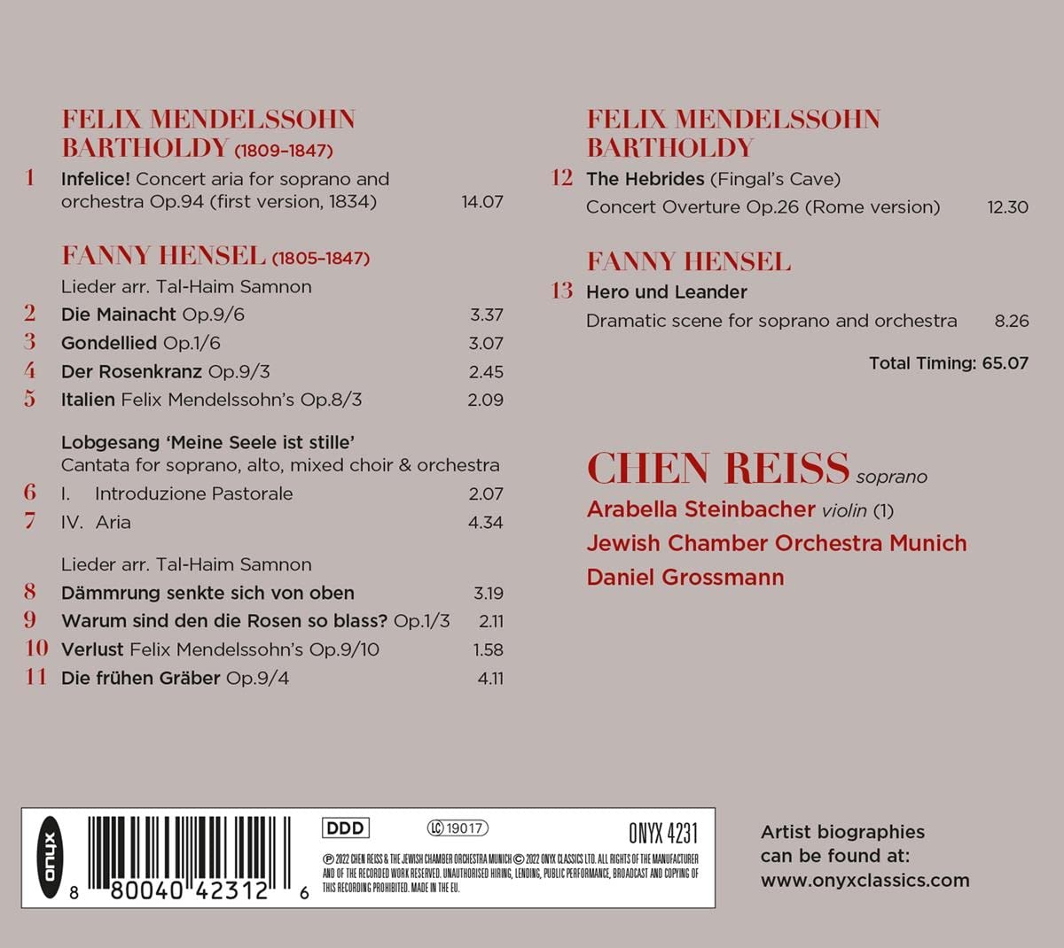 Chen Reiss 파니 헨젤: '헤로와 레안드로스' / 멘델스존: '핑갈의 동굴' 서곡, 콘서트 아리아 '불행한 나' 외 (Fanny Hensel & Felix Mendelssohn Bartholdy)