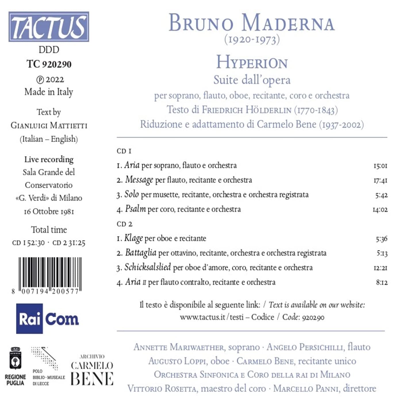 Carmelo Bene 마데르나: '히페리온' (Bruno Maderna: Hyperion)