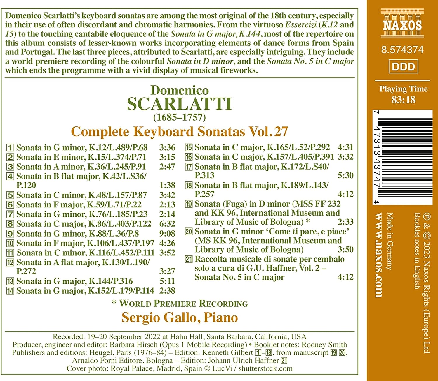 Sergio Gallo 도메니코 스카를라티: 건반소나타 전곡 작품 27집 (Scarlatti: Complete Keyboard Sonatas, Vol. 27)