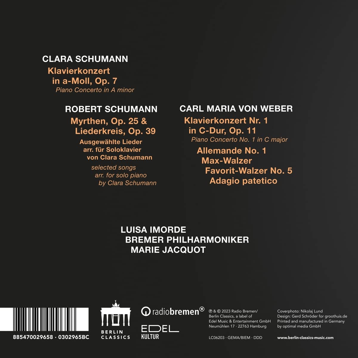 Luisa Imorde 클라라 슈만: 피아노 협주곡 / 슈만: 다섯 개의 가곡 [클라라 슈만 편곡] / 베버: 피아노 협주곡 1번 외 (Clara Schumann / Weber: Piano Concertos)