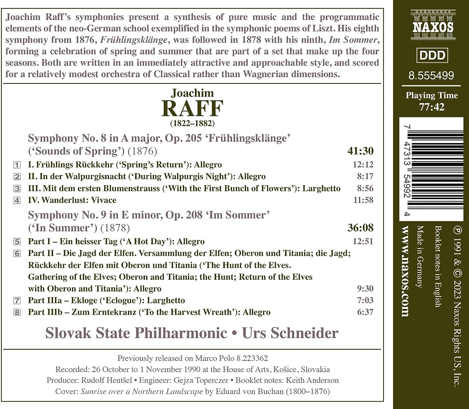 Urs Schneider 요아힘 라프: 교향곡 8번 ‘봄의 소리’ & 교향곡 9번 ‘여름에’ (Raff: Symphonies Nos. 8 & 9)