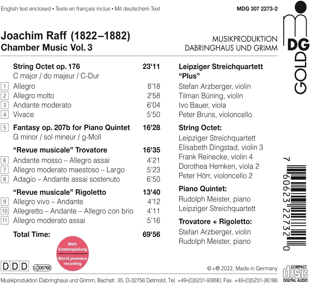 Leipziger Streichquartett 라프: 실내악 3집 - 현악팔중주, 환상곡, ‘음악적 후기’ 트로바토레, ‘음악적 후기’ 리골레토 (Raff: Chamber Music Vol. 3)