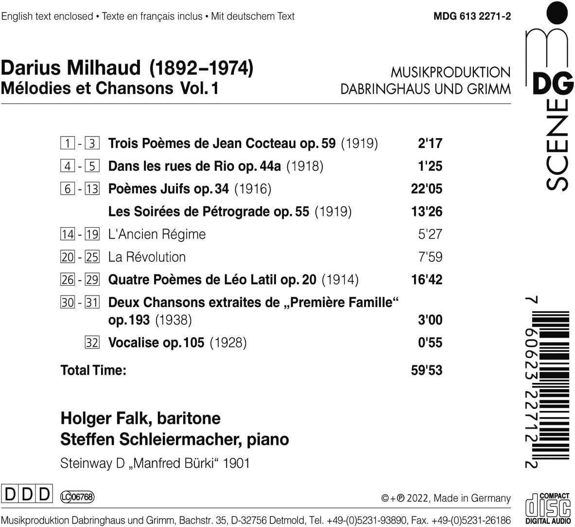 Holger Falk / Steffen Scheiermacher 미요: 가곡과 샹송 1집 - ‘페트로그라드의 밤’, ‘장 콕토의 세 개의 시’, ‘유대인의 시’ 등 (Milhaud: Melodies Et Chansons Vol. 1) 