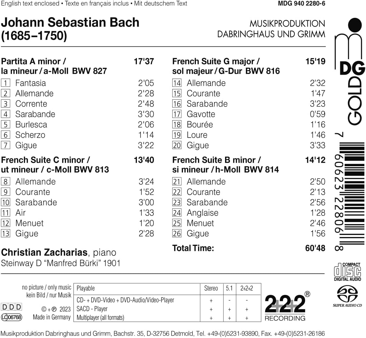 Christian Zacharias 바흐: 파르티타 3번, 프랑스 모음곡 Nos. 2, 3 & 5 (바흐: Partita No. 3 BWV827, French Suites BWV813, 814, 816)