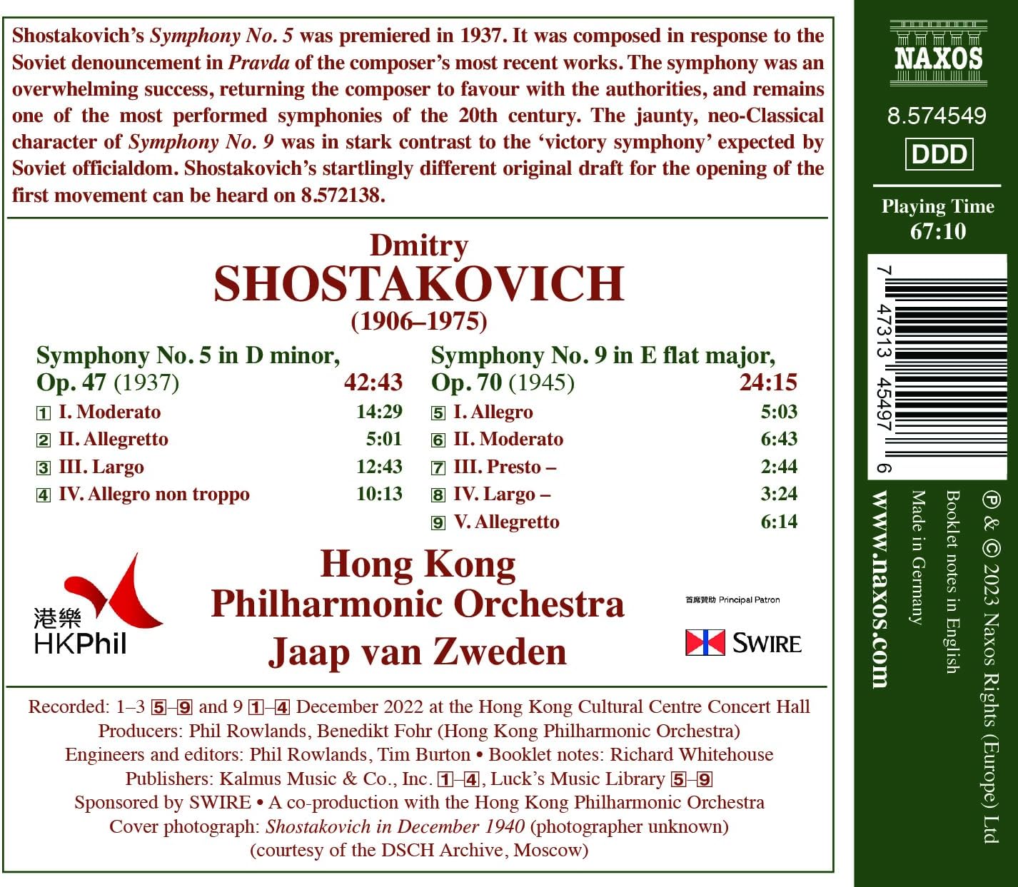 Jaap van Zweden 쇼스타코비치: 교향곡 5번 & 9번 (Shostakovich: Symphonies Nos. 5 & 9)