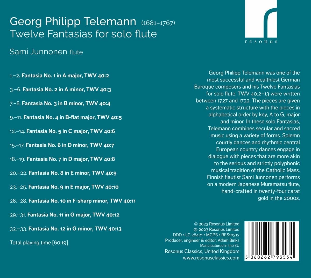Sami Junnonen 텔레만: 플루트 독주를 위한 12개의 환상곡 (Telemann: Twelve Fantasias For Solo Flute)