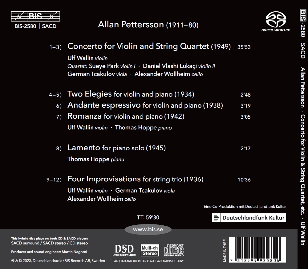 Ulf Wallin 페터슨: 바이올린과 현악 사중주를 위한 협주곡 외 (Pettersson: Concerto For Violin & String Quartet)