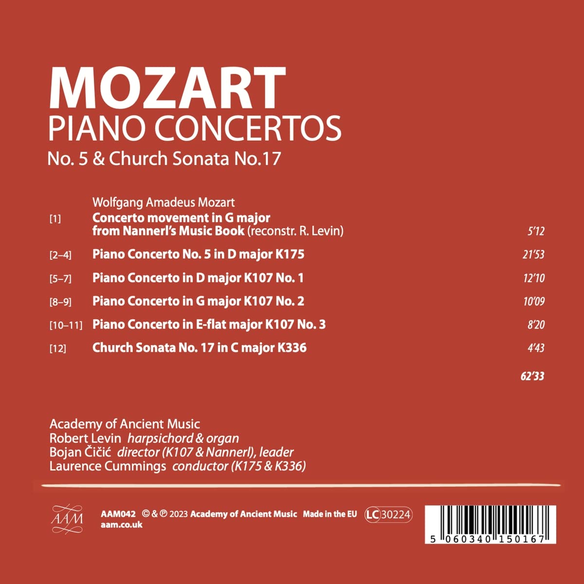Robert Levin 모차르트: 건반 협주곡 1,2,3,5번, 교회 소나타 17번 (Mozart: Piano Concertos K.107s, K175, K336)